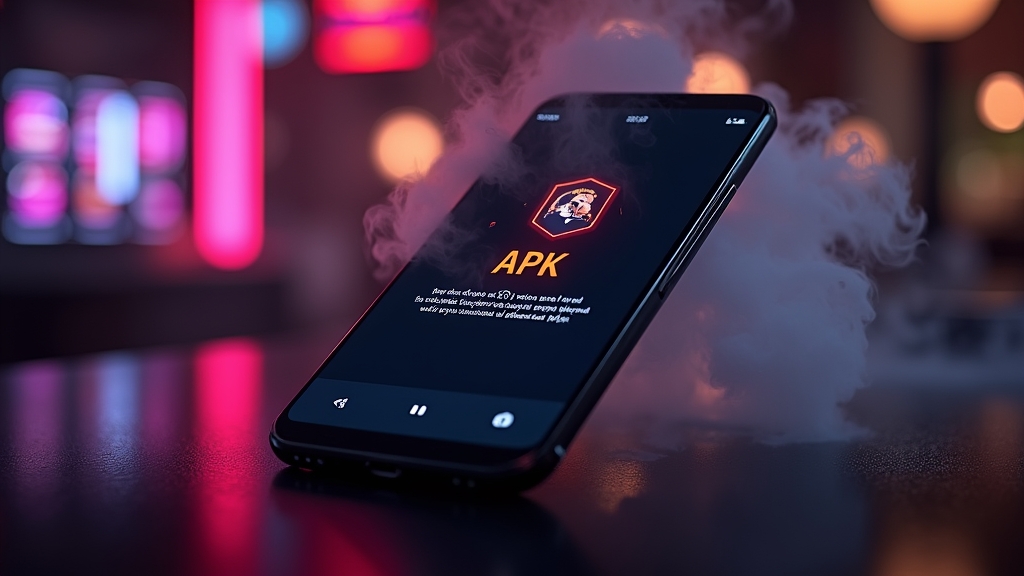 هاتف أندرويد يعرض تثبيت ملف APK في أجواء كازينو مظلمة