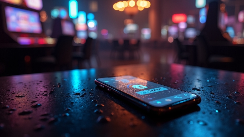 هاتف يعرض تنزيل التطبيق داخل أجواء كازينو مظلمة ومضيئة